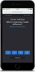 Smartphone showing how Opternative’s online vision test uses your phone as a remote control by allowing you to select what you can and can’t see.